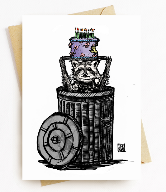 BellavanceInk: Birthday Card With Trash Panda Raccoon And Birthday Cake Pen & Ink Watercolor Illustration 5 x 7 Inches