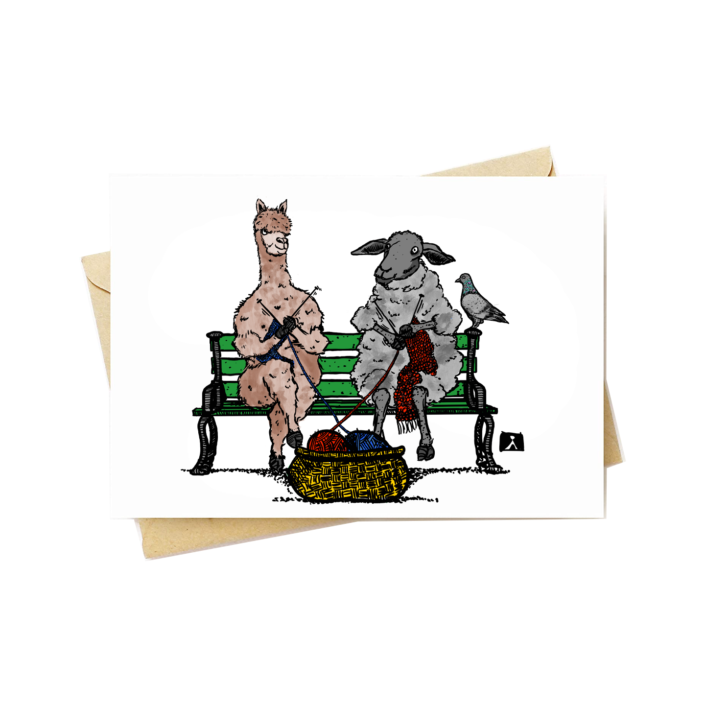 BellavanceInk: Greeting Card With A Sheep And Alpaca Friends Knitting On A Park Bench 5 x 7 Inches