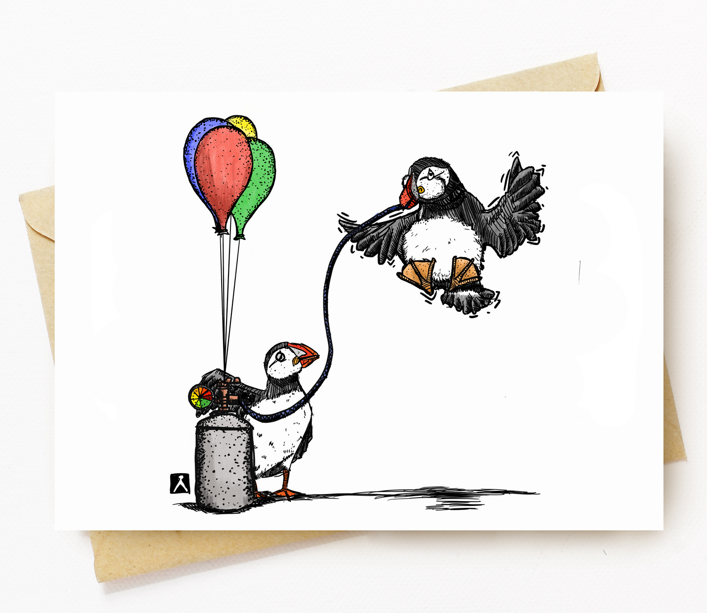 BellavanceInk: Birthday Card With Puffins Blowing Up Birthday Balloons Pen & Ink Watercolor Illustration 5 x 7 Inches