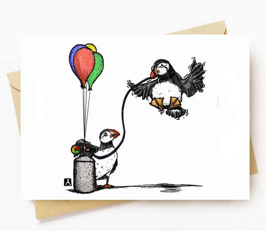 BellavanceInk: Birthday Card With Puffins Blowing Up Birthday Balloons Pen & Ink Watercolor Illustration 5 x 7 Inches