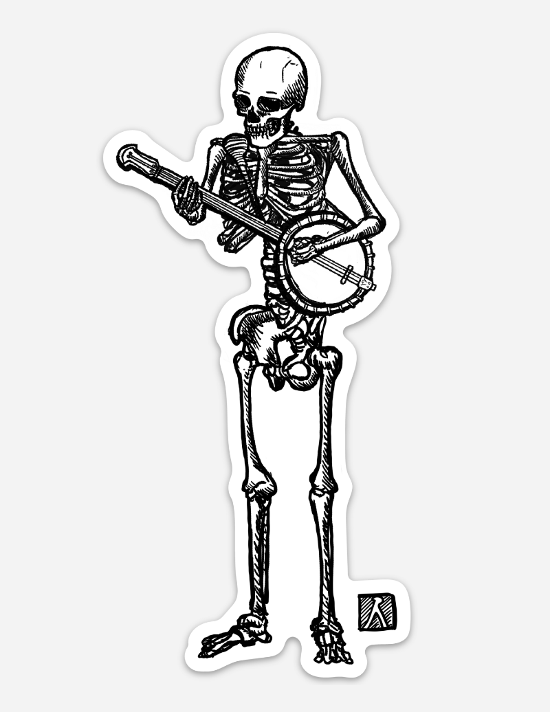 BellavanceInk: Pen And Ink Skeleton Playing The Banjo Hand Drawn Illustration