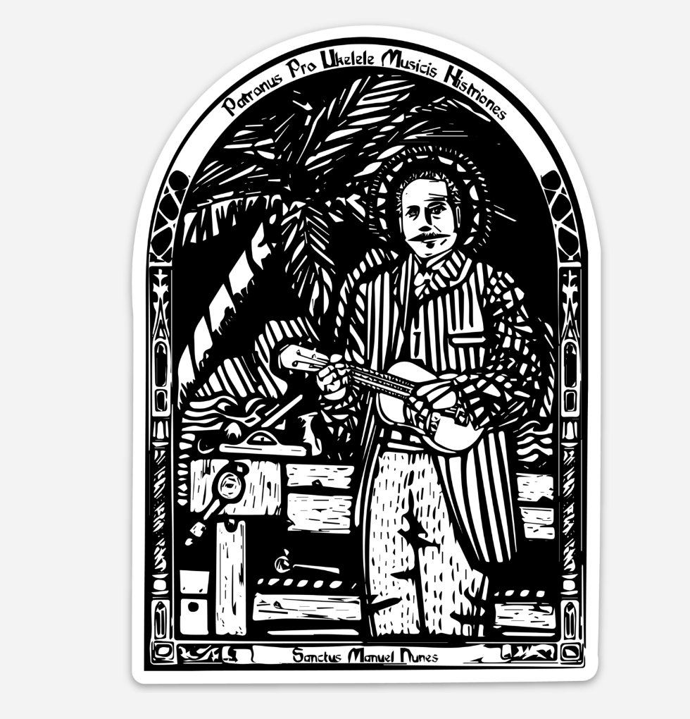 BellavanceInk: Saint Manuel Nunes Patron Saint of Ukelele Players Illustration On A Vinyl Sticker