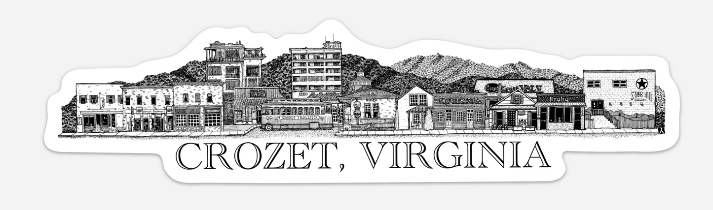 Pre Order: BellavanceInk: Crozet Skyline Town Sticker Pen and Ink Illustration 12" x 3"