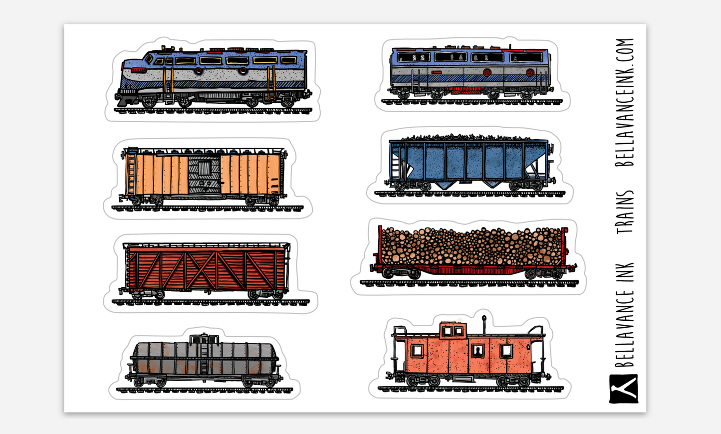 BellavanceInk: 4 x 6 Sticker Sheet of Vintage Train Set Vinyl Stickers. Dishwasher and Carwash safe.