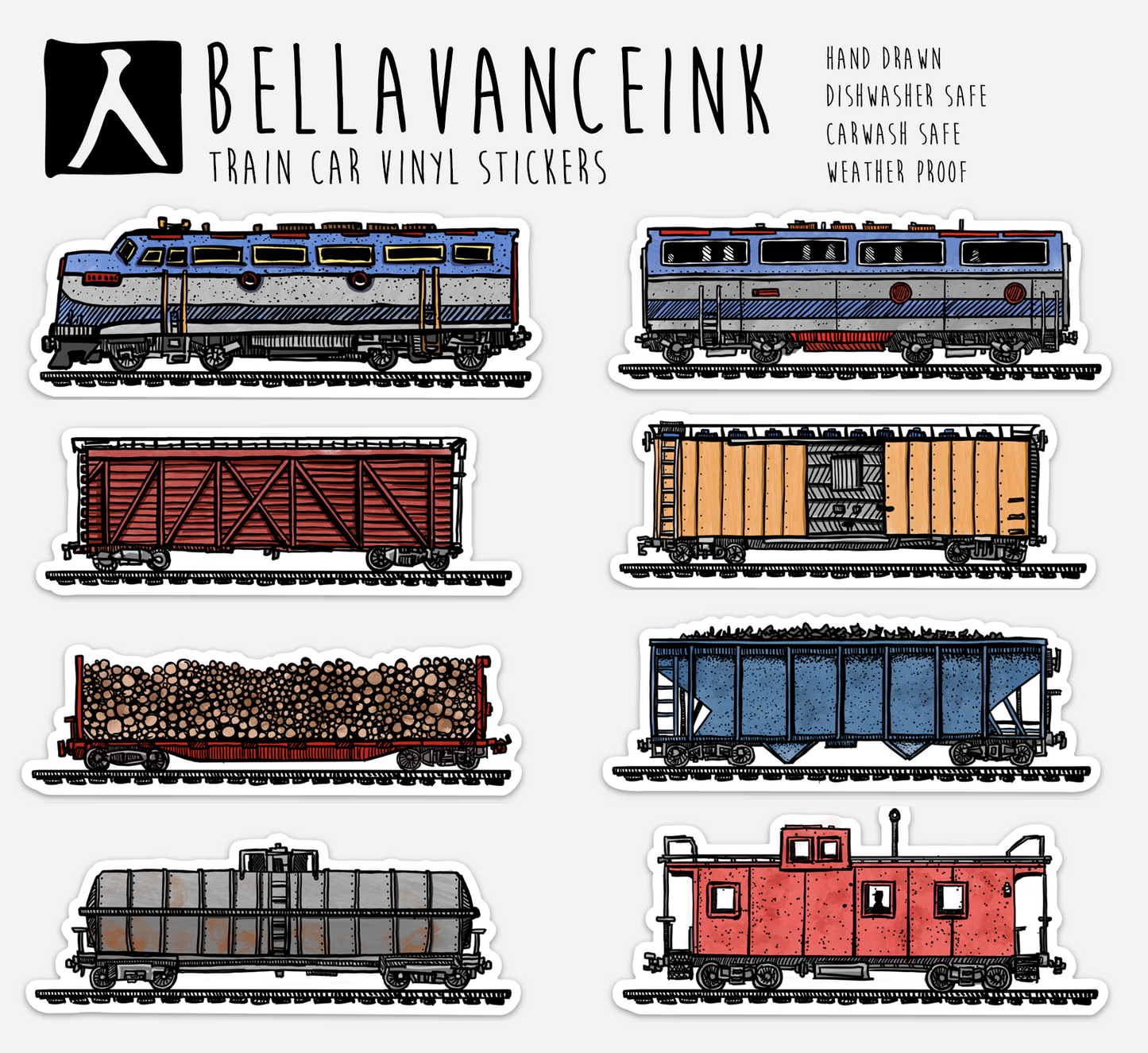 BellavanceInk: Vintage Train Cars Vinyl Sticker Illustrations Locomotive To The Caboose And More