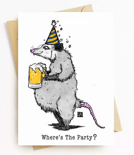 BellavanceInk: Birthday Card With Drunk Opossum Holding Beers And Wearing A Party Hat