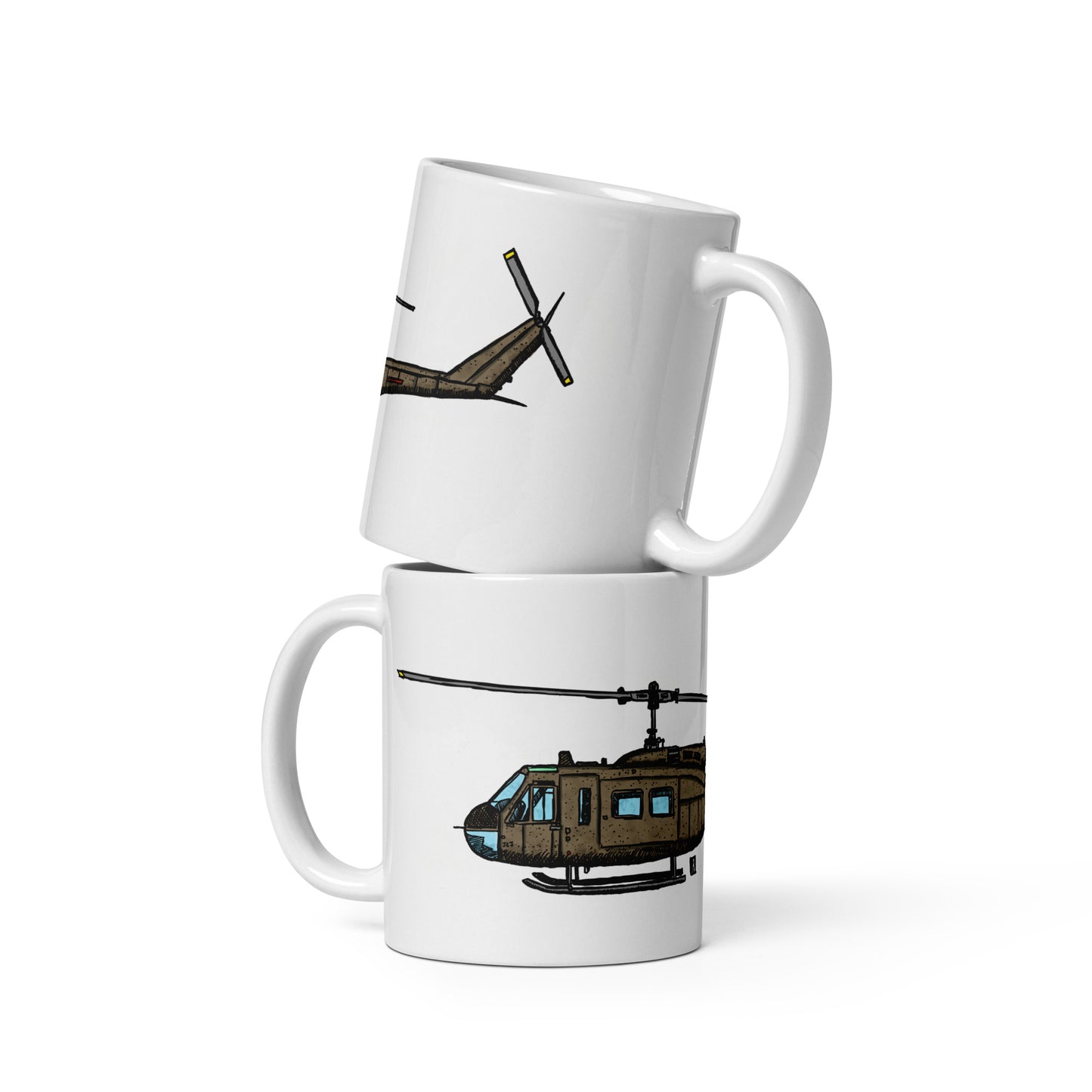 BellavanceInk: Coffee Mug With A Vintage Huey UH-1 Helicopter Pen & Ink Sketch With Watercolor