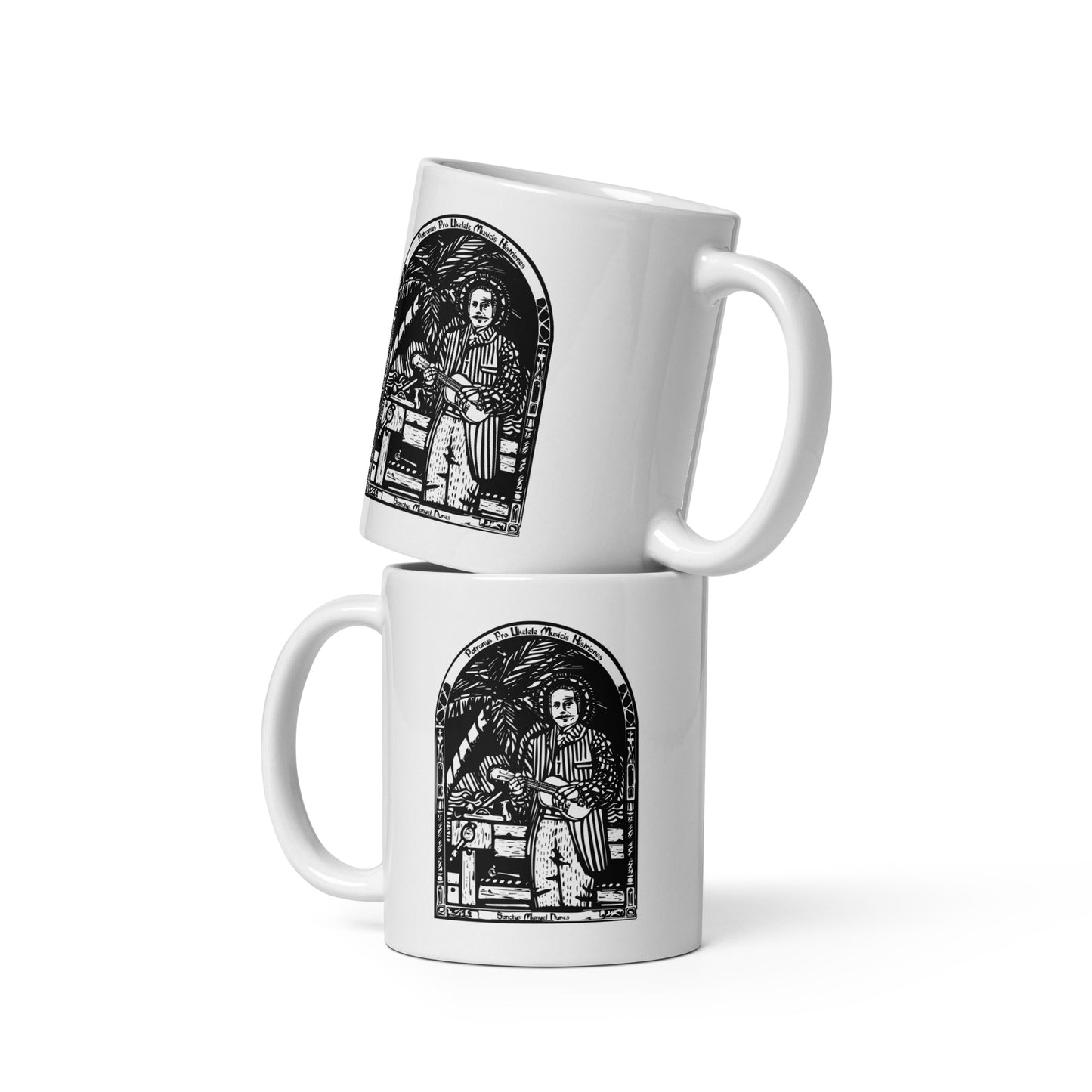 BellavanceInk: 11 Oz Coffee Mug With The Patron Saint Of Ukelele Players Saint Manuel Nunes Wood Cut Style Graphic