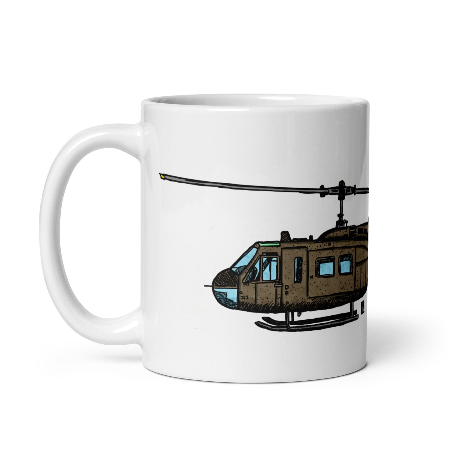 BellavanceInk: Coffee Mug With A Vintage Huey UH-1 Helicopter Pen & Ink Sketch With Watercolor