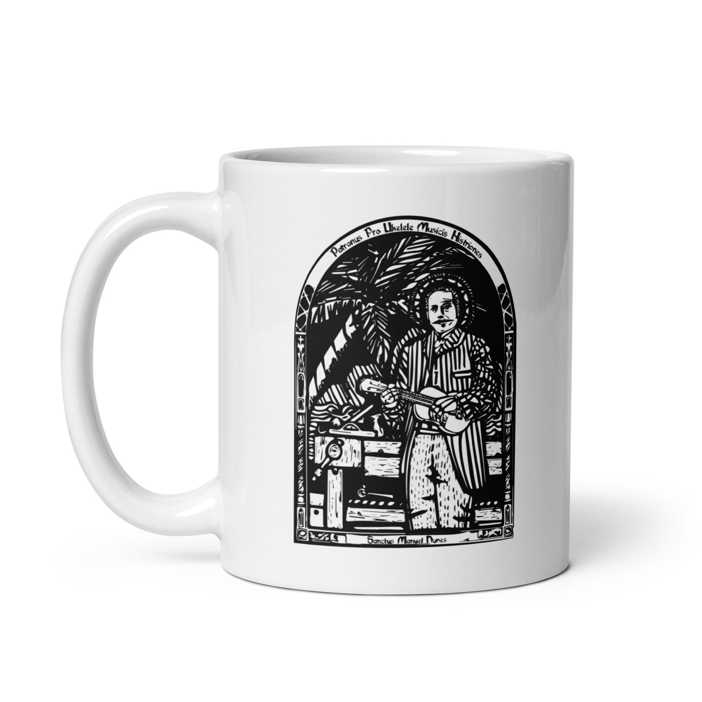 BellavanceInk: 11 Oz Coffee Mug With The Patron Saint Of Ukelele Players Saint Manuel Nunes Wood Cut Style Graphic