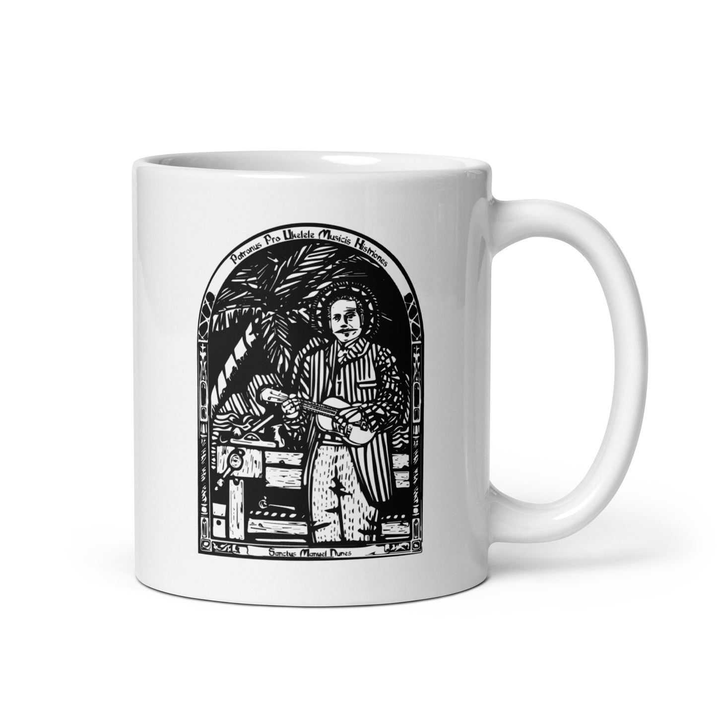 BellavanceInk: 11 Oz Coffee Mug With The Patron Saint Of Ukelele Players Saint Manuel Nunes Wood Cut Style Graphic
