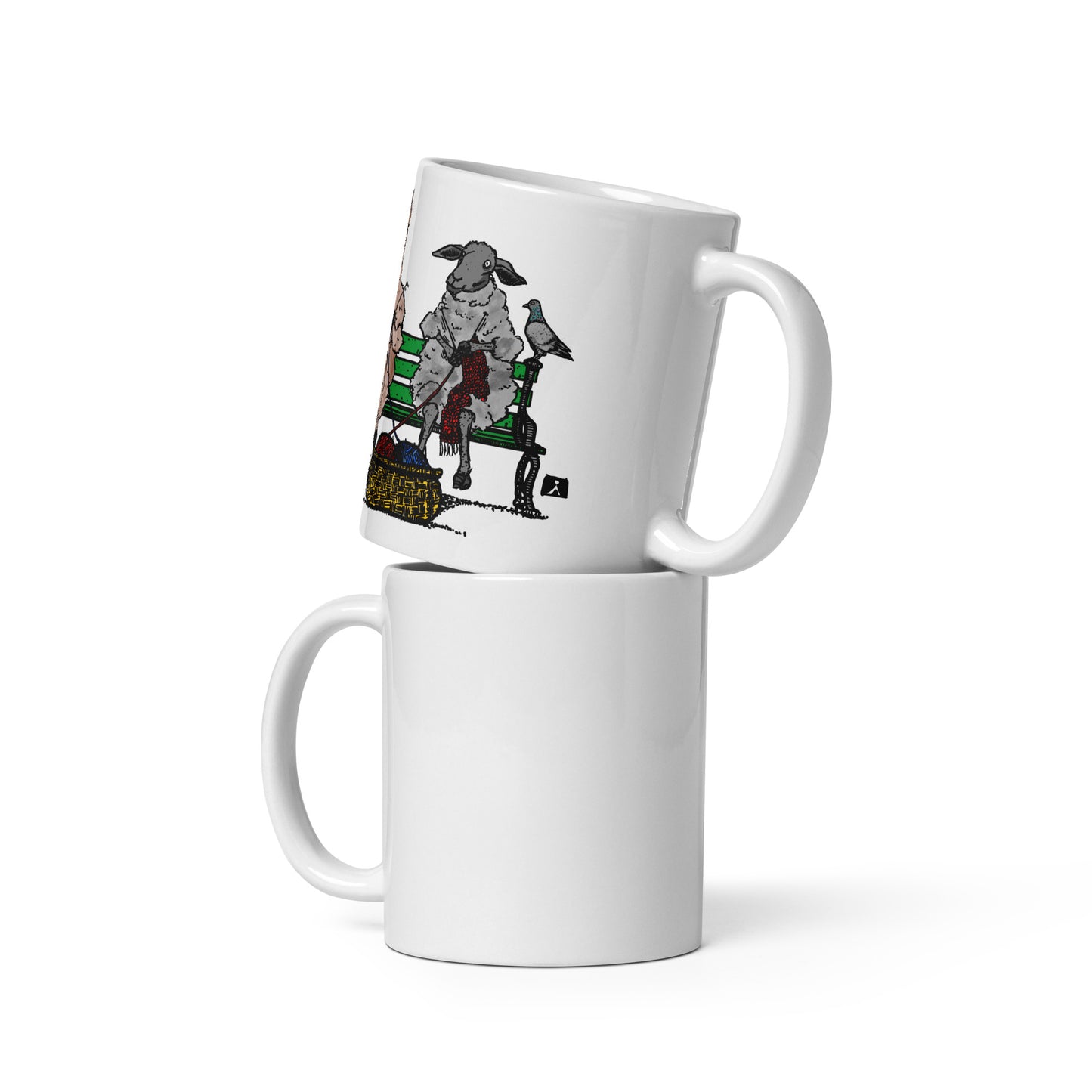 BellavanceInk: Coffee Mug With A Sheep And Alpaca Friends Knitting On A Park Bench