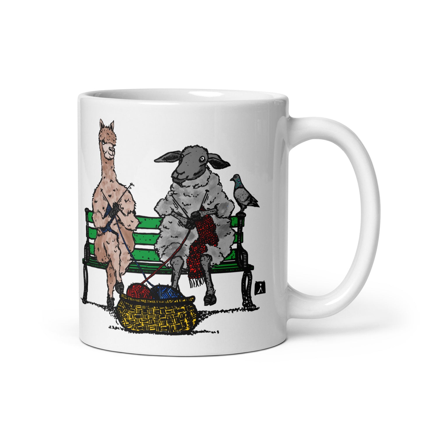 BellavanceInk: Coffee Mug With A Sheep And Alpaca Friends Knitting On A Park Bench