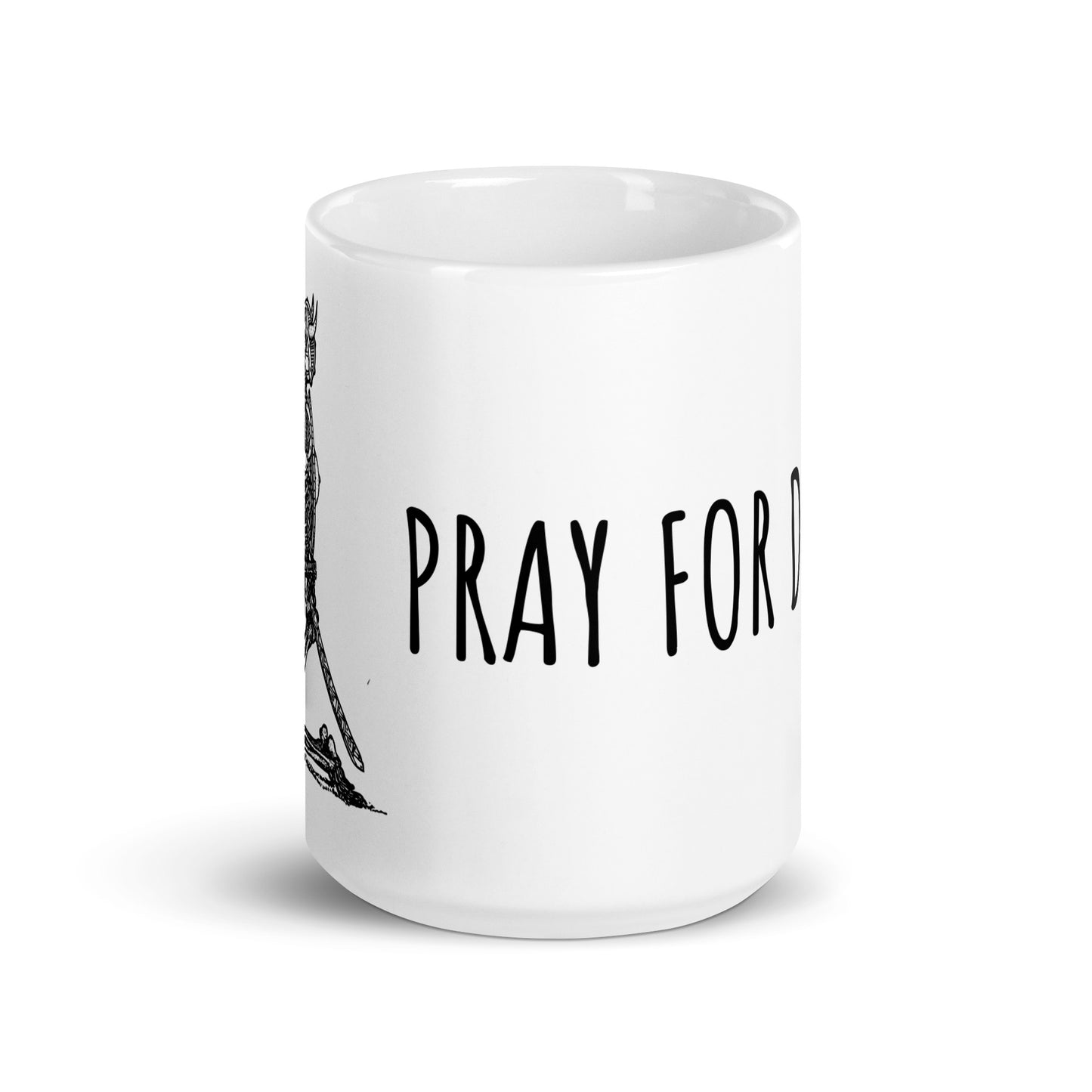 BellavanceInk: Coffee Mug With Pen & Ink Drawing Of A Skeleton Warrior Praying For A D20 Dice Roll