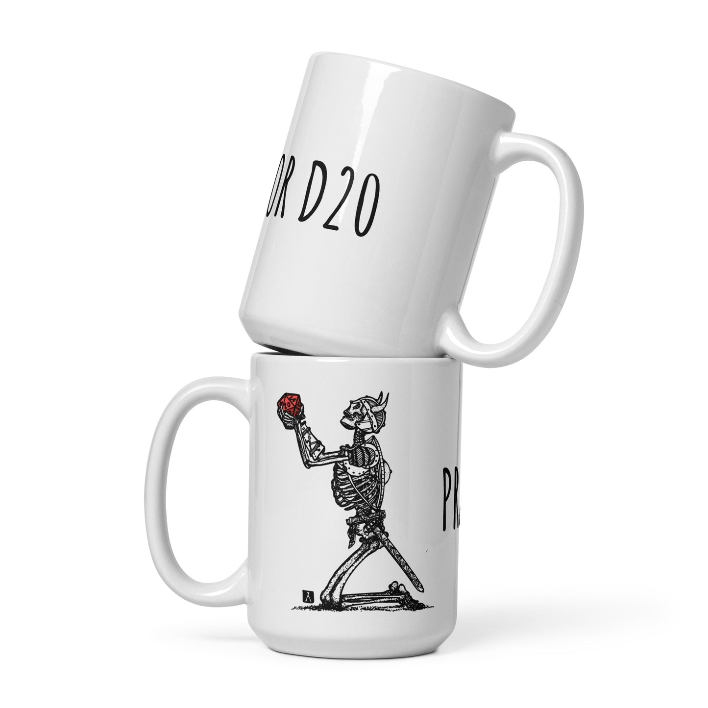 BellavanceInk: Coffee Mug With Pen & Ink Drawing Of A Skeleton Warrior Praying For A D20 Dice Roll