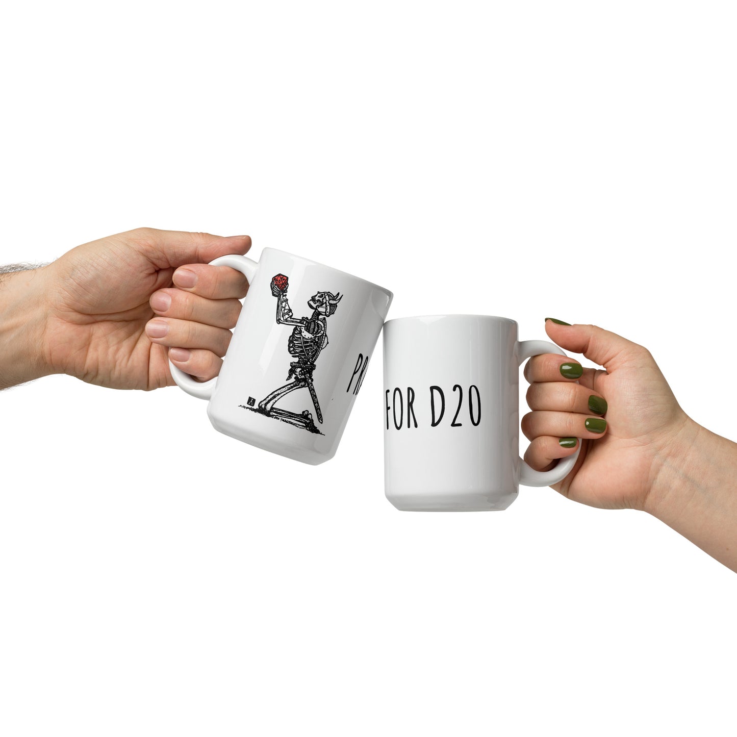 BellavanceInk: Coffee Mug With Pen & Ink Drawing Of A Skeleton Warrior Praying For A D20 Dice Roll