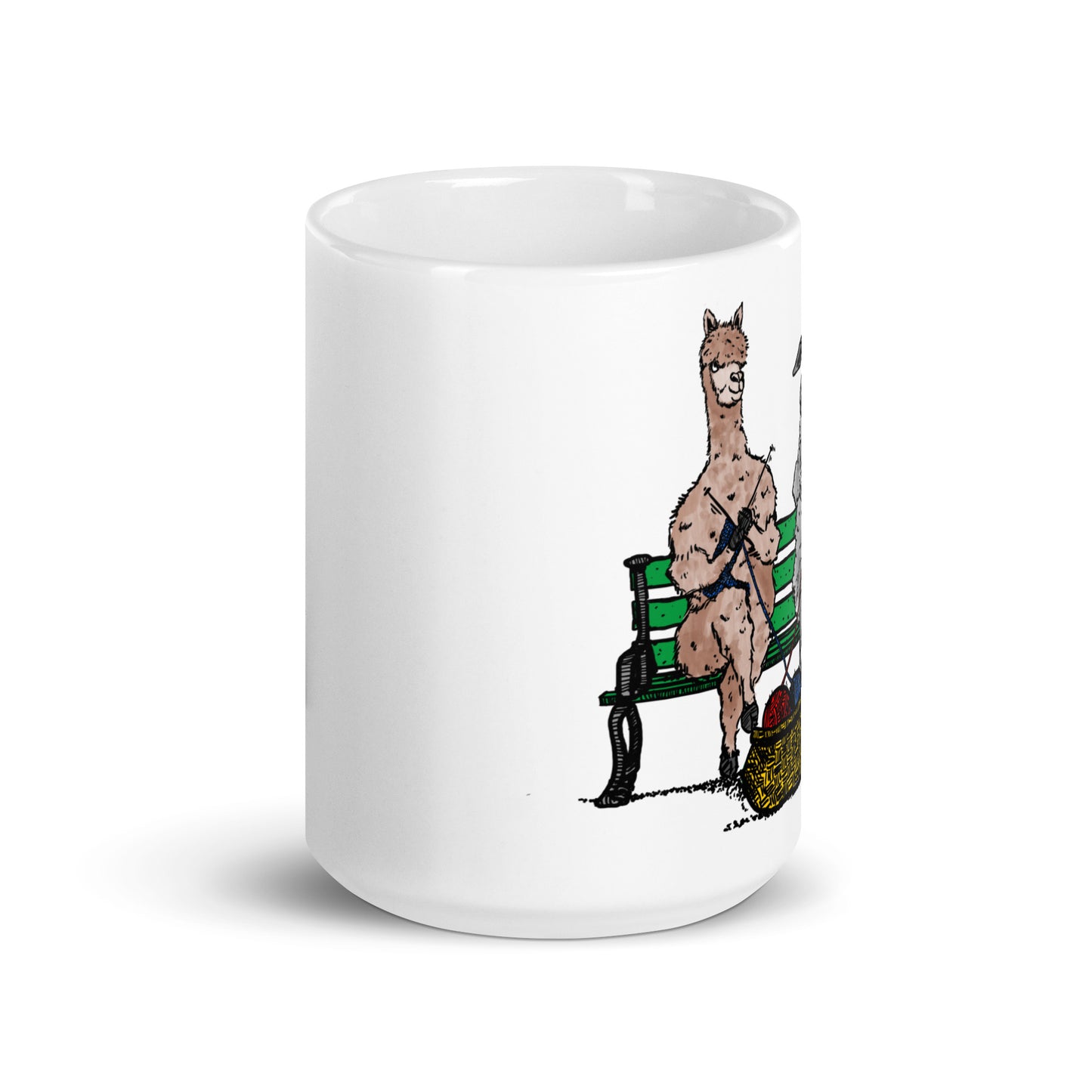 BellavanceInk: Coffee Mug With A Sheep And Alpaca Friends Knitting On A Park Bench