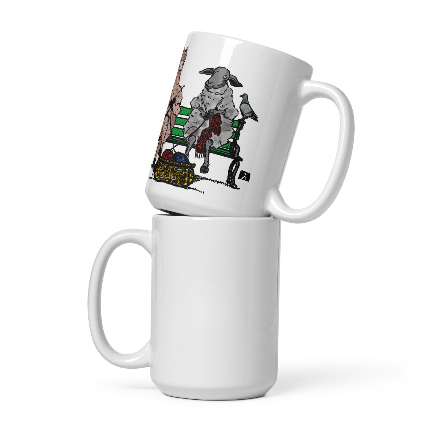 BellavanceInk: Coffee Mug With A Sheep And Alpaca Friends Knitting On A Park Bench