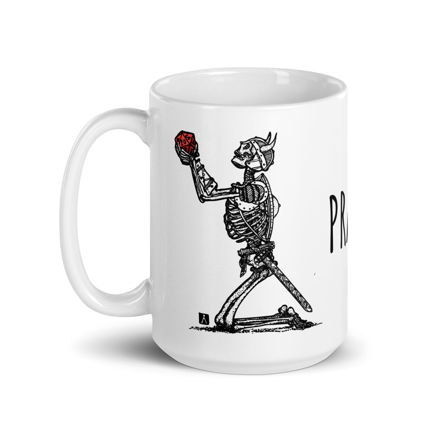 BellavanceInk: Coffee Mug With Pen & Ink Drawing Of A Skeleton Warrior Praying For A D20 Dice Roll