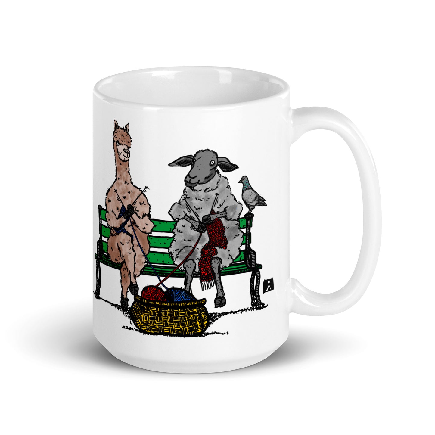 BellavanceInk: Coffee Mug With A Sheep And Alpaca Friends Knitting On A Park Bench