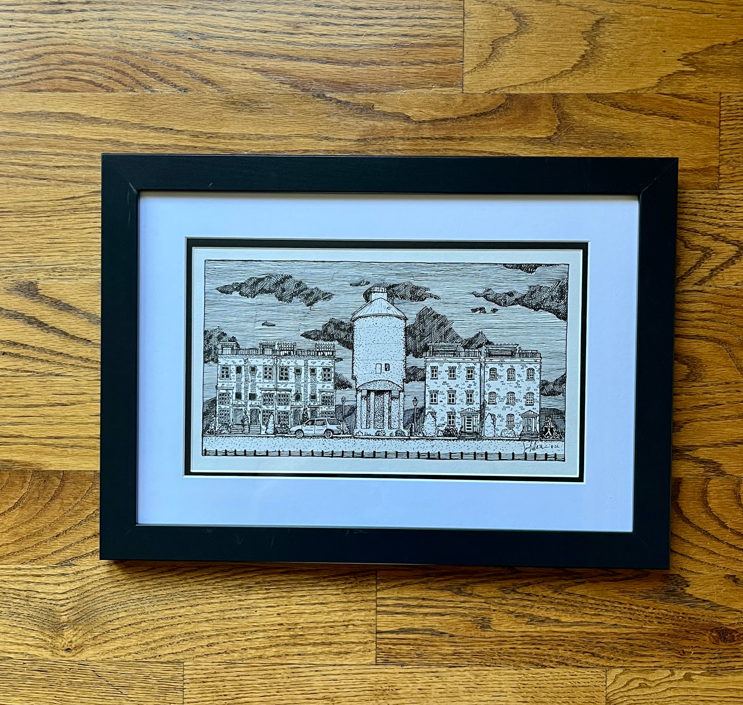 BellavanceInk: 8" x 13" Original Illustration Of City Walk Coal Train Tower Road In Charlottesville Virginia Matted (13" x 20") Frame