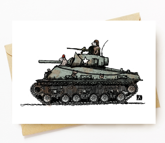 BellavanceInk: Greeting Card With A Pen & Ink Drawing With Watercolor of a Sheep In A Sherman Tank 5 x 7 Inches