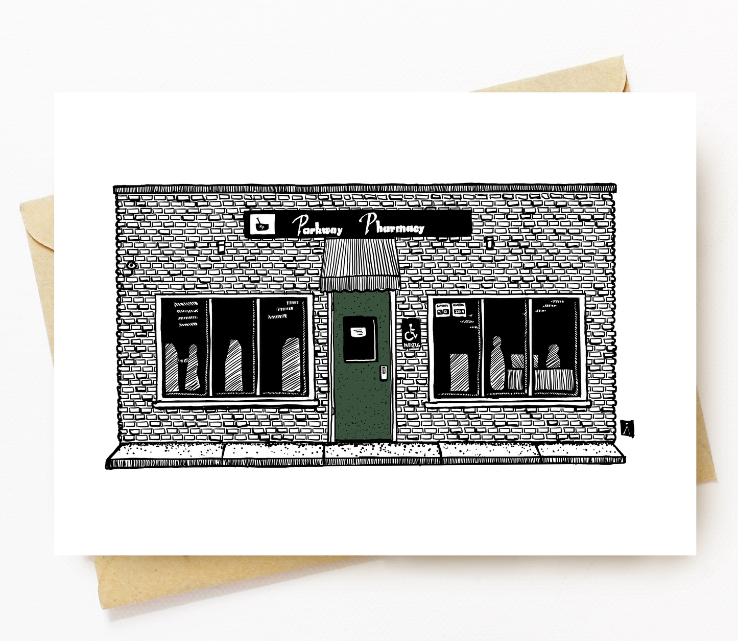 BellavanceInk: Greeting Card With A Pen & Ink Drawing Of Parkway Pharmacy In Crozet 5 x 7 Inches