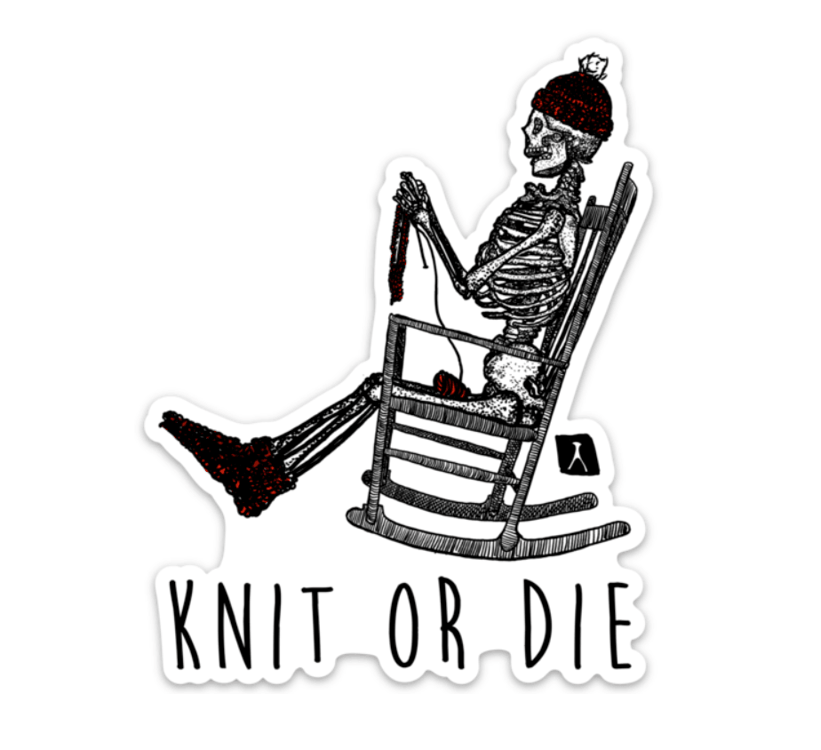 BellavanceInk: Skeleton Knitting In Their Rocking Chair Vinyl Sticker Illustration - BellavanceInk