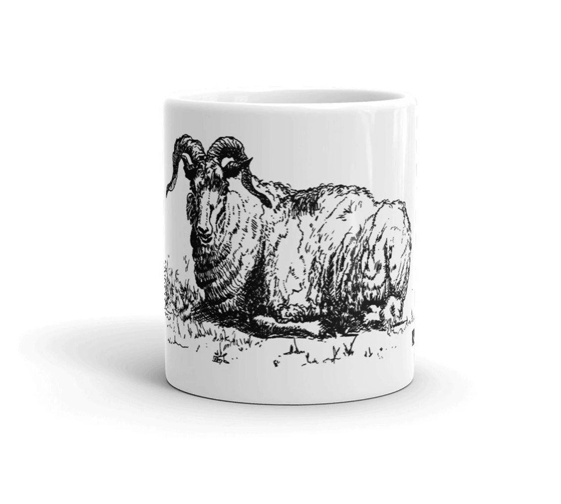 BellavanceInk: Coffee Mug With Laying Ram In A Field Pen & Ink Sketch - BellavanceInk
