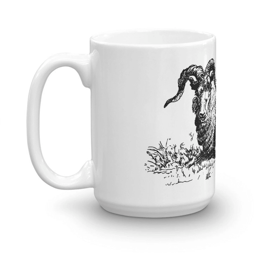 BellavanceInk: Coffee Mug With Laying Ram In A Field Pen & Ink Sketch - BellavanceInk