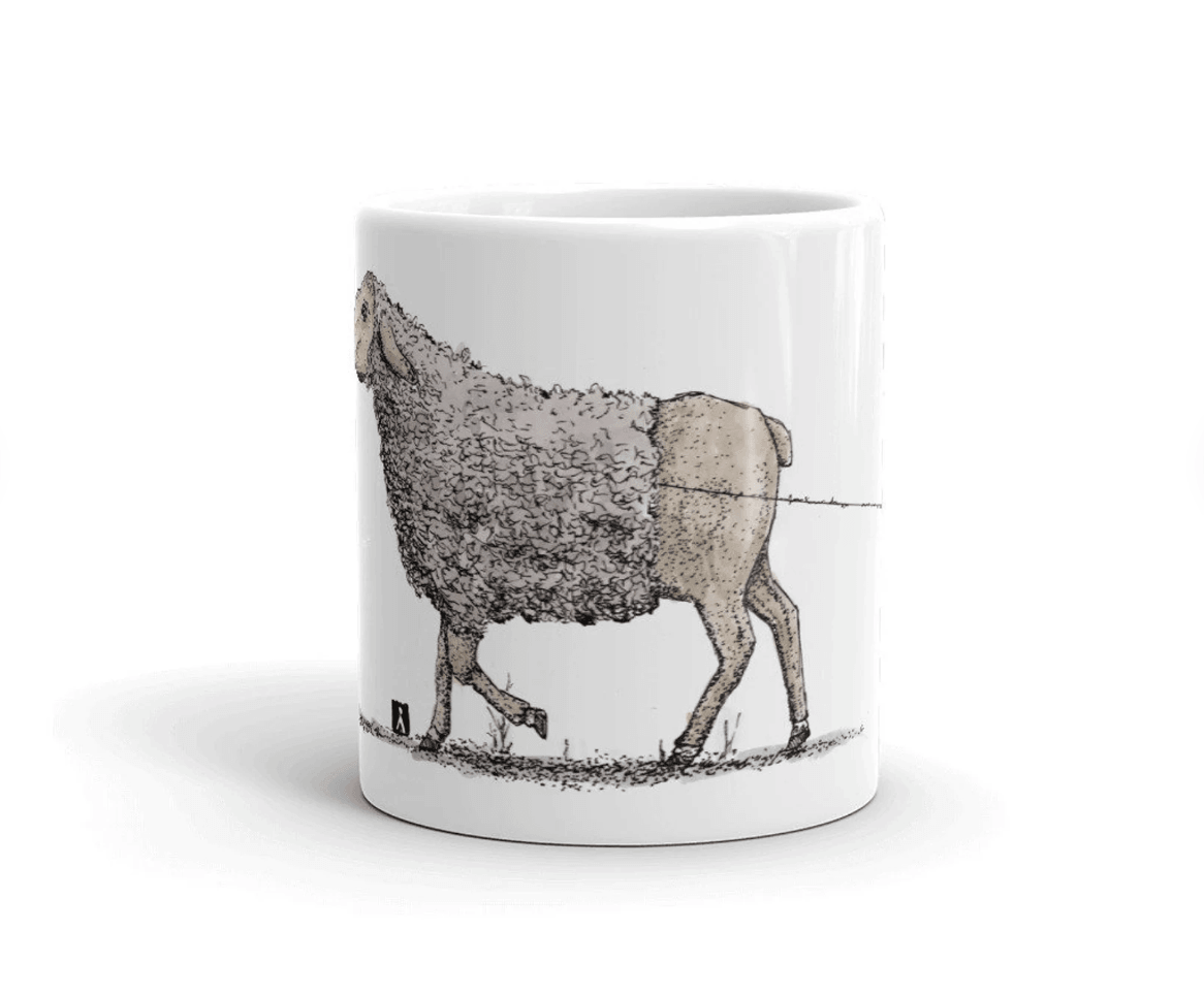 BellavanceInk: Coffee Mug With Sheep Walking Away While Losing Her Wool Pen & Ink Sketch - BellavanceInk