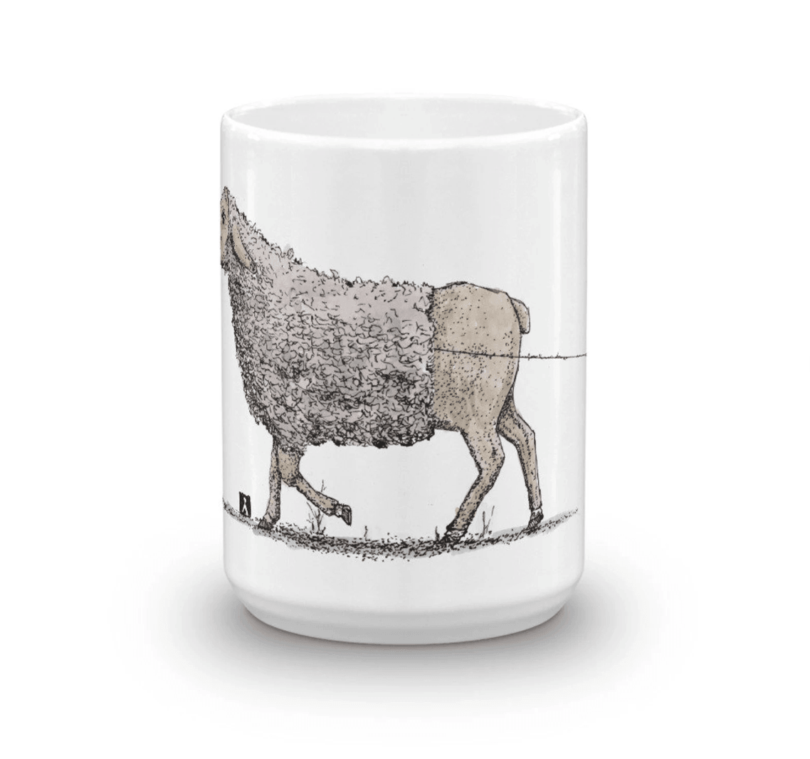 BellavanceInk: Coffee Mug With Sheep Walking Away While Losing Her Wool Pen & Ink Sketch - BellavanceInk