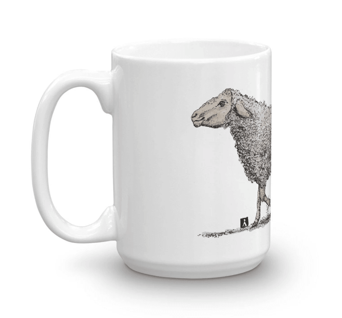 BellavanceInk: Coffee Mug With Sheep Walking Away While Losing Her Wool Pen & Ink Sketch - BellavanceInk