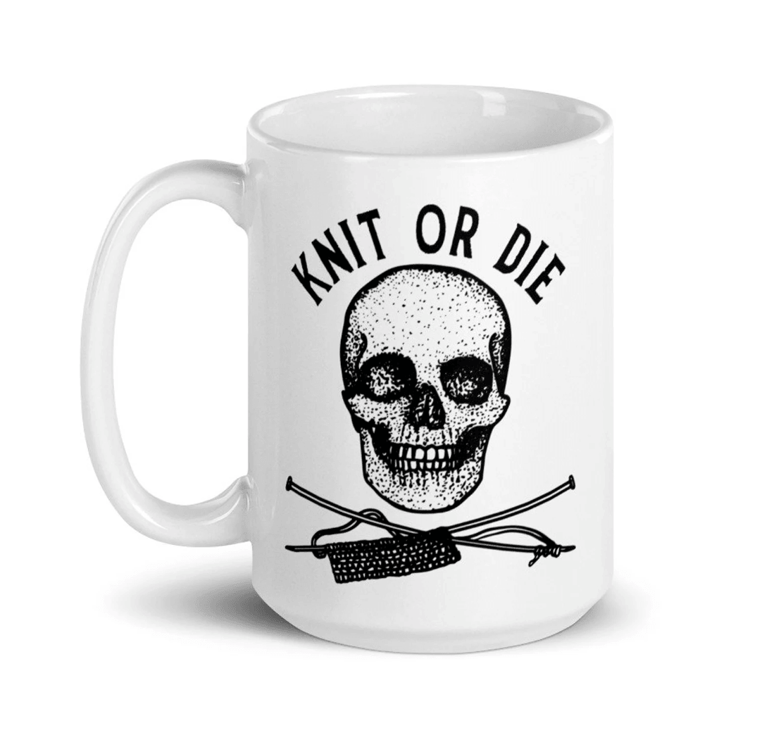 BellavanceInk: Coffee Mug With Pen & Ink Drawing Of A Skull And Needles Knit Or Die - BellavanceInk