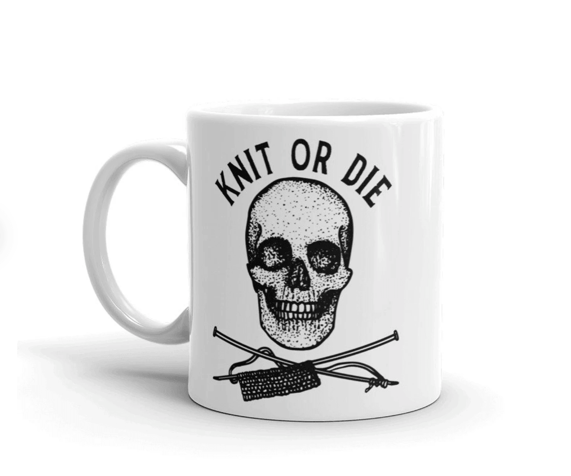 BellavanceInk: Coffee Mug With Pen & Ink Drawing Of A Skull And Needles Knit Or Die - BellavanceInk