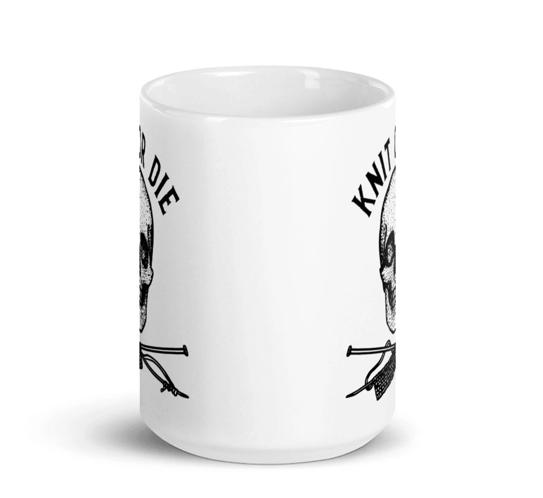 BellavanceInk: Coffee Mug With Pen & Ink Drawing Of A Skull And Needles Knit Or Die - BellavanceInk