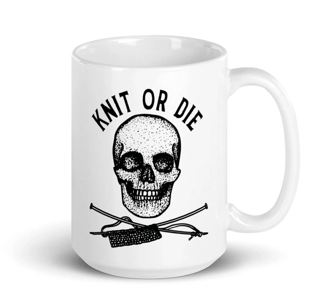 BellavanceInk: Coffee Mug With Pen & Ink Drawing Of A Skull And Needles Knit Or Die - BellavanceInk