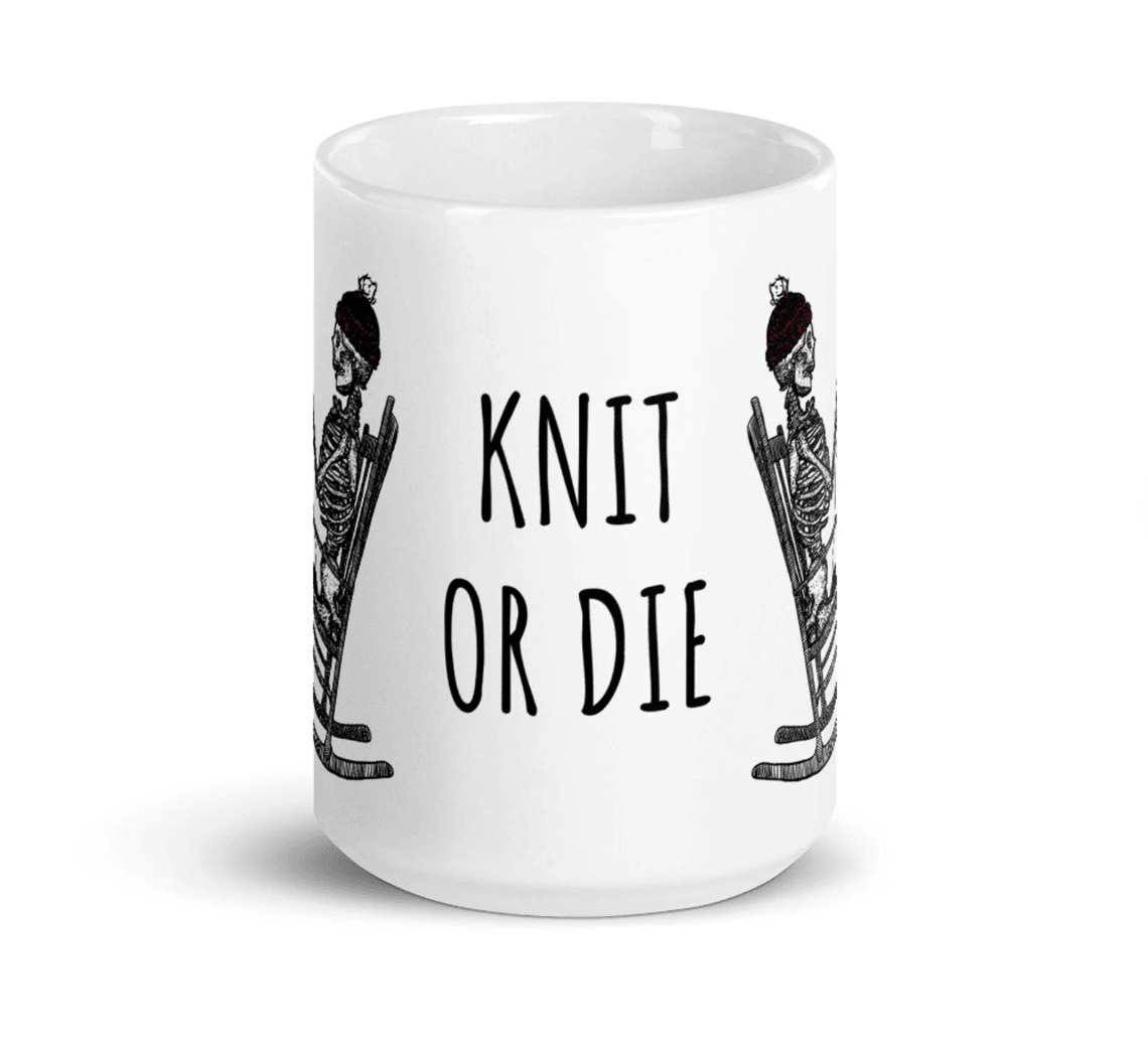 BellavanceInk: Coffee Mug With Pen & Ink Drawing Of A Skeleton Knitting In Their Rocking Chair Knit Or Die - BellavanceInk