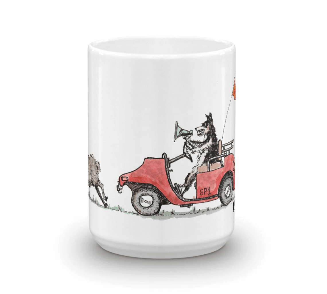 BellavanceInk: Coffee Mug With Sheep Running Away From Sheep Dog On A Golf Cart Pen & Ink Sketch - BellavanceInk