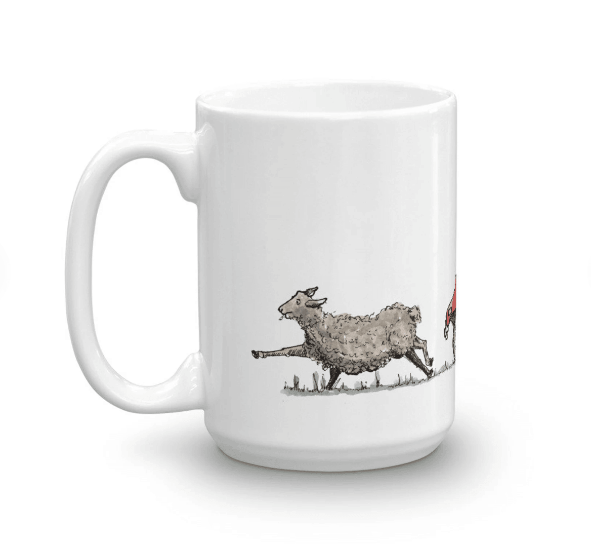BellavanceInk: Coffee Mug With Sheep Running Away From Sheep Dog On A Golf Cart Pen & Ink Sketch - BellavanceInk