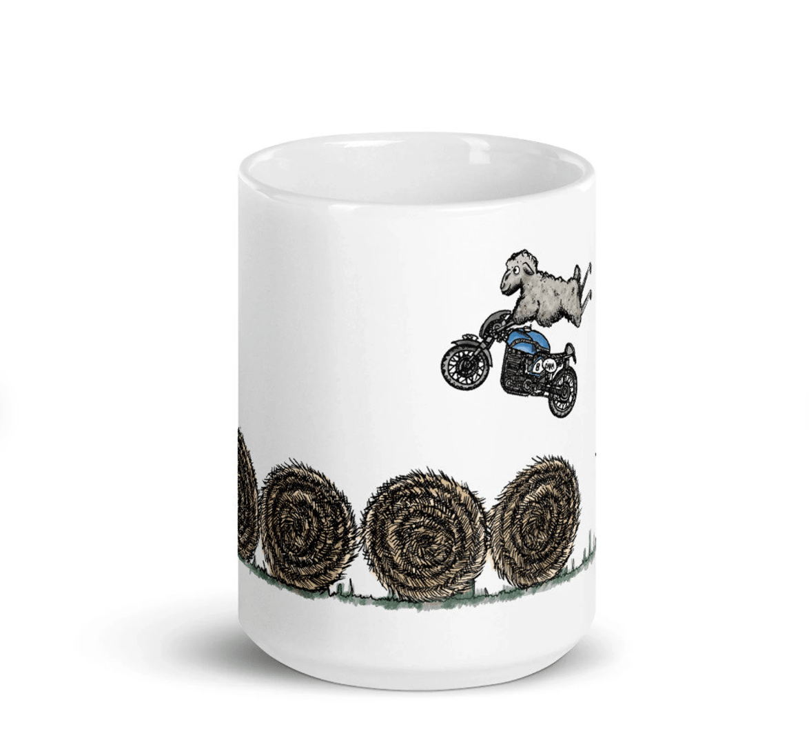 BellavanceInk: Pen & Ink/Watercolor With Stunt Sheep Jumping Hay Bales On Their Cafe Racer Motorcycle Coffee Mug - BellavanceInk