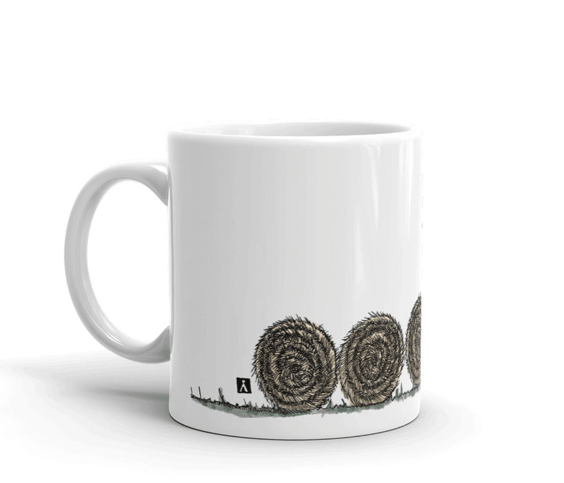 BellavanceInk: Pen & Ink/Watercolor With Stunt Sheep Jumping Hay Bales On Their Cafe Racer Motorcycle Coffee Mug - BellavanceInk