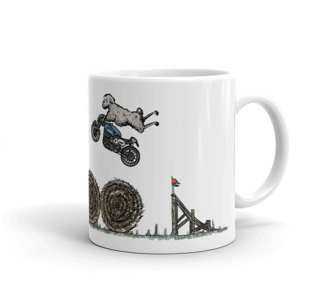 BellavanceInk: Pen & Ink/Watercolor With Stunt Sheep Jumping Hay Bales On Their Cafe Racer Motorcycle Coffee Mug - BellavanceInk