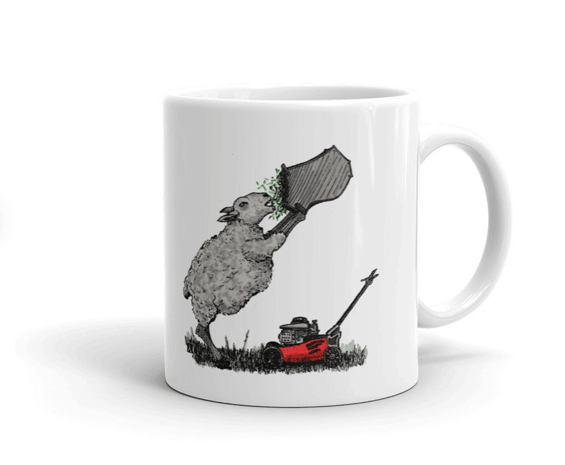 BellavanceInk: White Coffee Mug With Hungry Sheep Mowing The Lawn - BellavanceInk