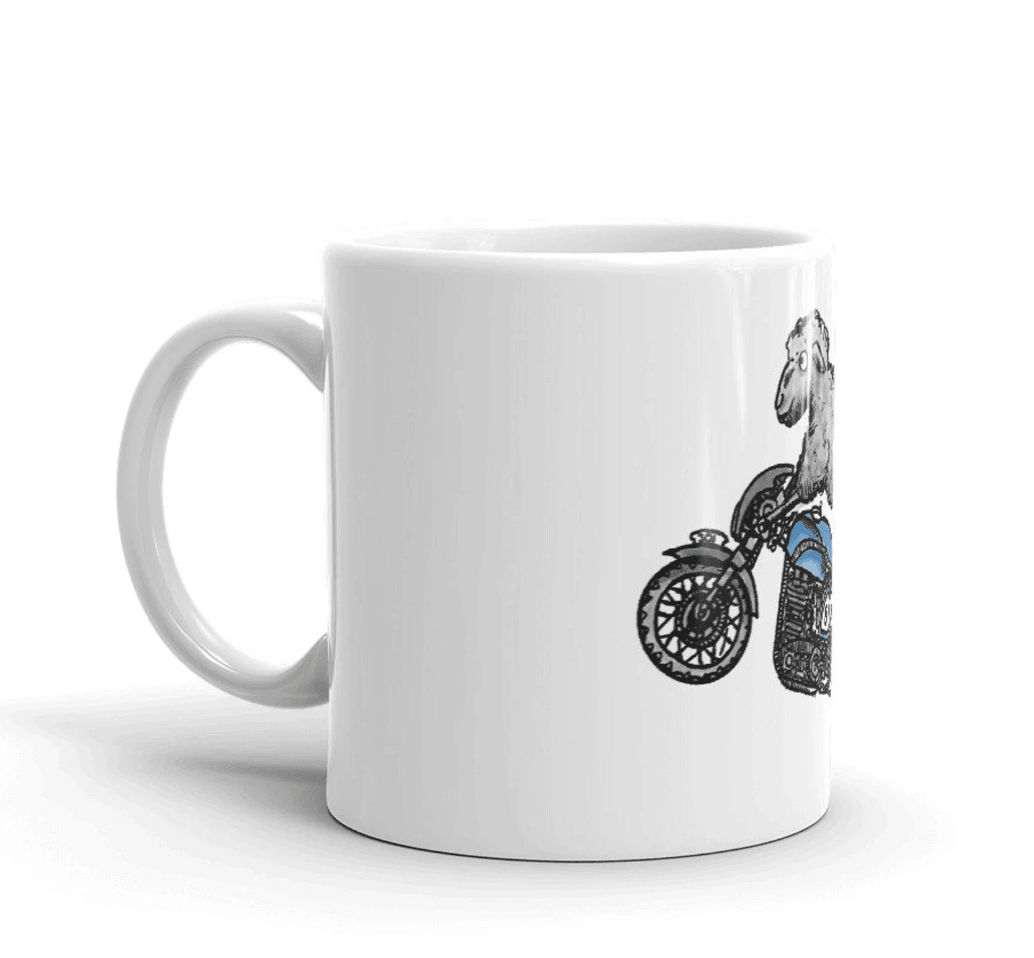 BellavanceInk: Pen & Ink/Watercolor Sheep On Their Cafe Racer Motorcycle Coffee Mug - BellavanceInk