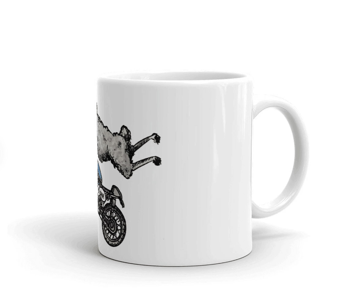 BellavanceInk: Pen & Ink/Watercolor Sheep On Their Cafe Racer Motorcycle Coffee Mug - BellavanceInk