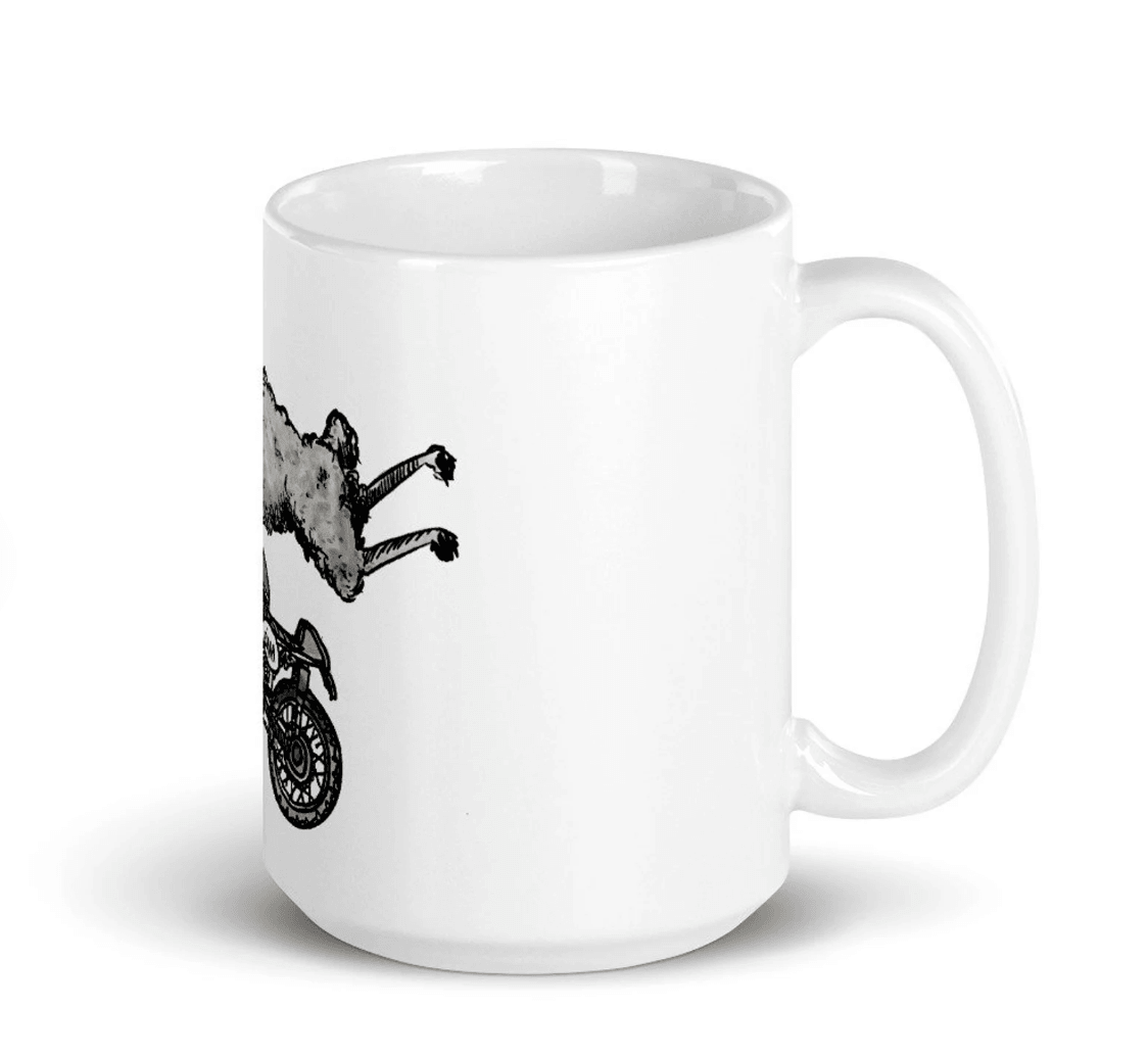 BellavanceInk: Pen & Ink/Watercolor Sheep On Their Cafe Racer Motorcycle Coffee Mug - BellavanceInk