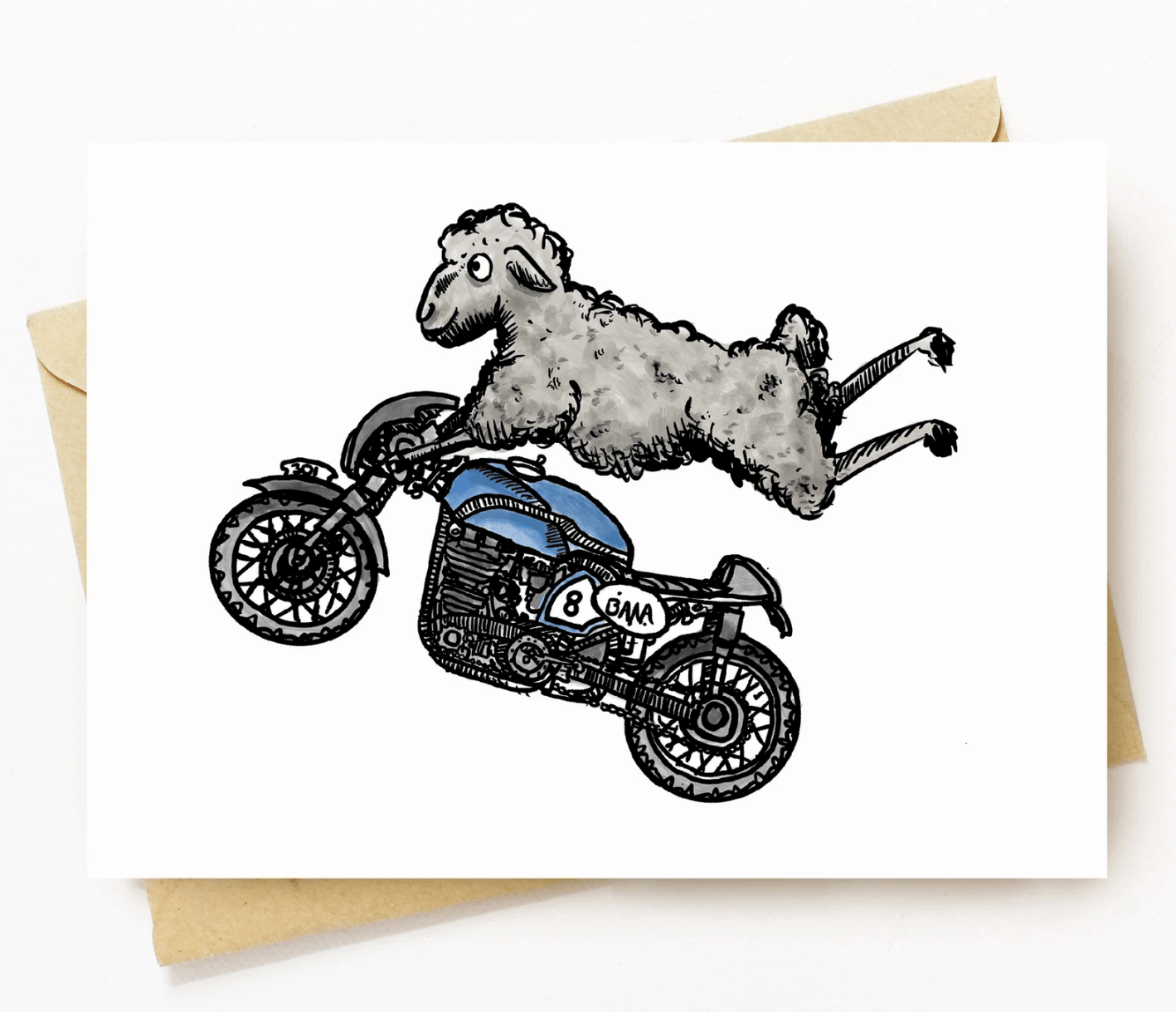 BellavanceInk: Pen & Ink/Watercolor Sheep On Their Cafe Racer Motorcycle 5 x 7 Greeting Card - BellavanceInk