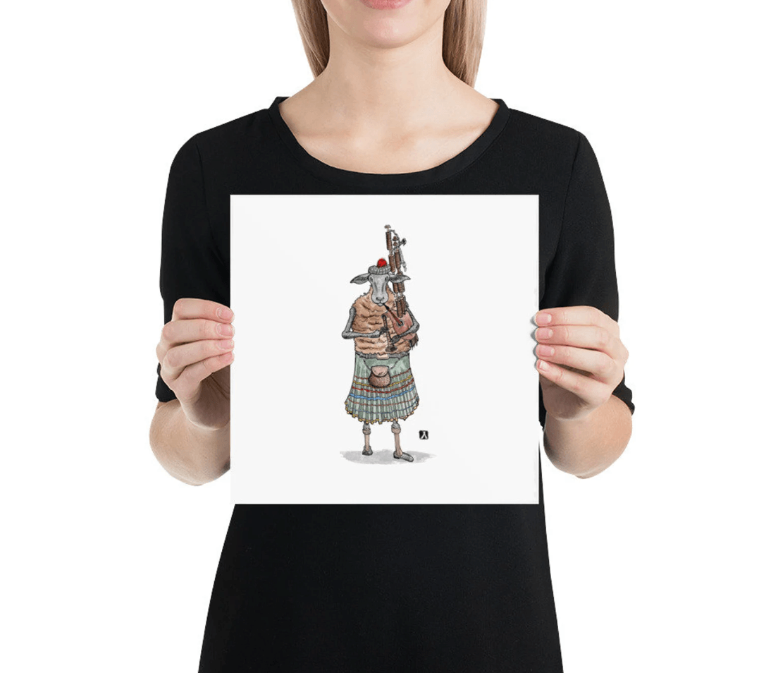 BellavanceInk: Pen & Ink/Watercolor Scottish Highlander Sheep Playing The Bag Pipes Print - BellavanceInk
