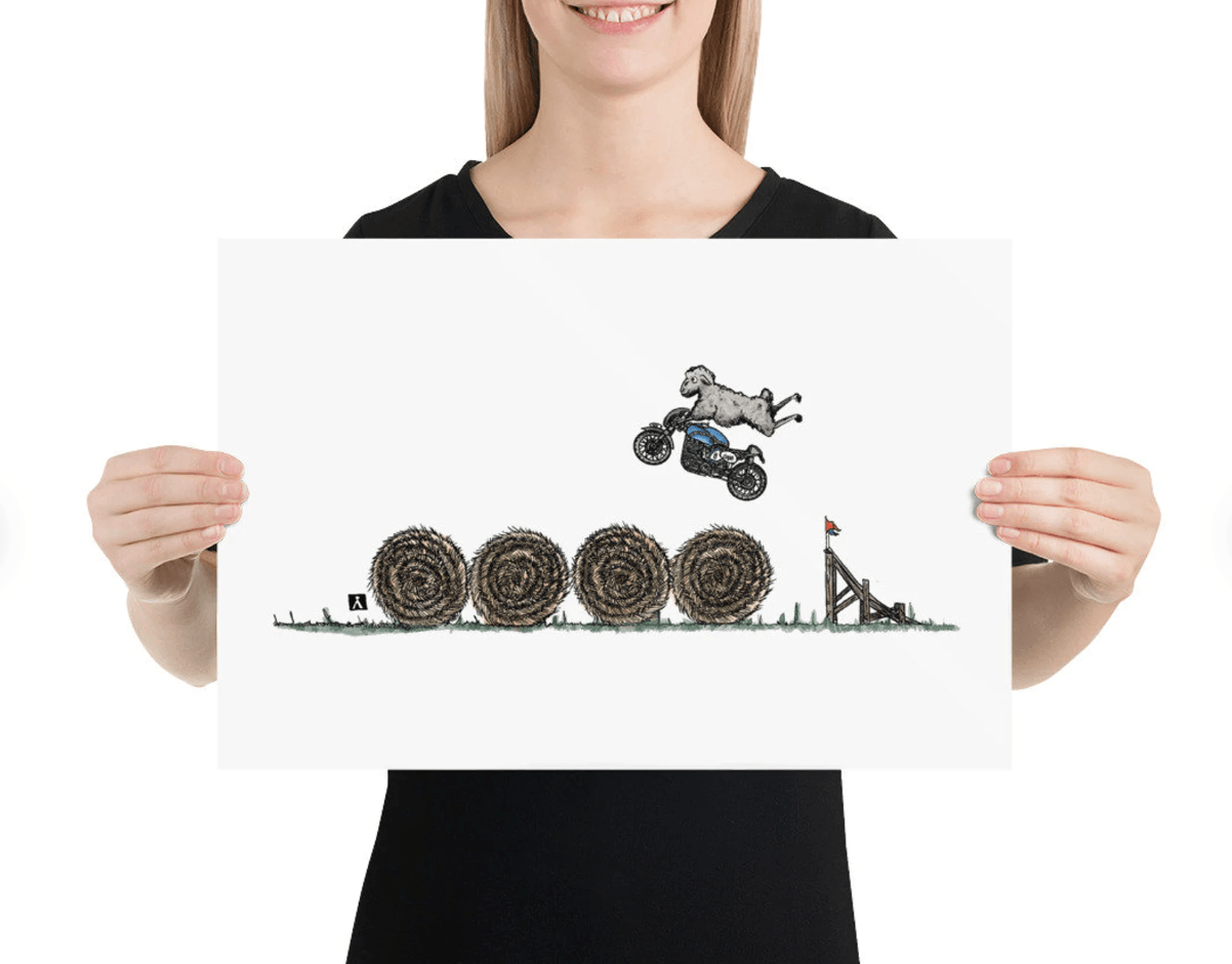 BellavanceInk: Pen & Ink/Watercolor With Stunt Sheep Jumping Hay Bales On Their Cafe Racer Motorcycle Print - BellavanceInk